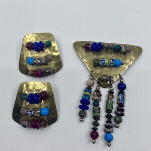 Vintage 80s Artisan Brass and Art Bead Brooch & Earrings Demi Parure